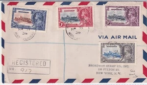 1935 KGV SILVER JUBILEE SET ON REGISTERED AIR ENVELOPE SENT TO NEW YORK - Picture 1 of 1