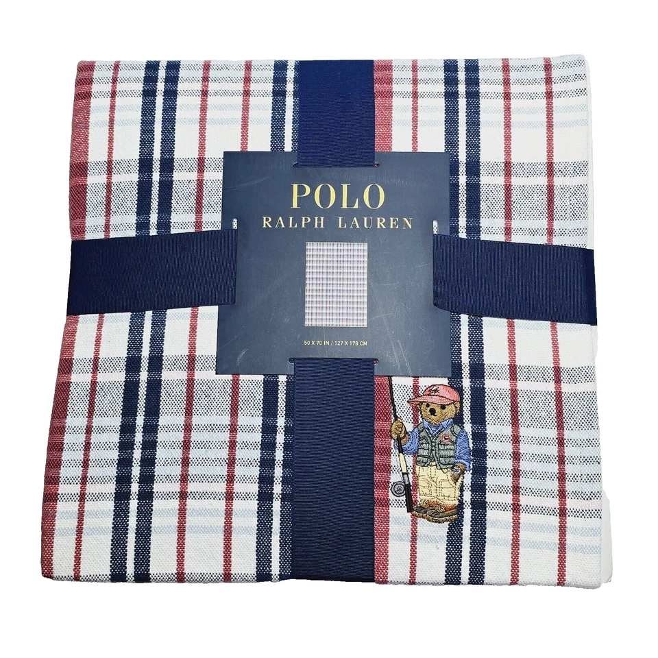 New Polo Ralph Lauren Plaid Polo Bear Fishing Cotton Throw Blanket 50x70 NWT - Image 1 of 4