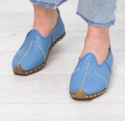 Mocasines Hechos a Mano Mujer 4.5 Cuero Azul Claro Descalzo Bordado Folkart Nuevo Foto 1 de 4