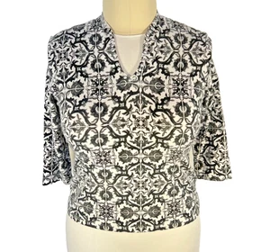 Ruby Rd. - Women's L Petite Knit Top Greek Tile Print 3/4 Sleeve Beaded V-Neck - Picture 1 of 15