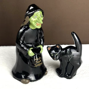 SIGNED! Vtg Fenton Art Glass Halloween Witch & Black Scaredy Cat Figurine Set - Picture 1 of 15