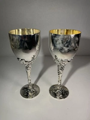 VTG Silver Plated Grape Stem Wine Goblet Set Of 2 By Godinger - Image 1 of 4