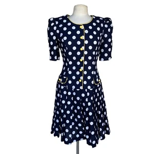 Vintage MELISSA Women’s Romper Size 12 Navy Polka Dot Yellow Trim Pleated - Picture 1 of 2
