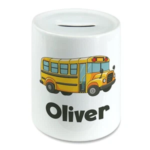Personalised Any Name School Bus Kids Savings Money Box Piggy Bank. Boys Girls - Foto 1 di 2