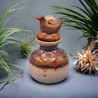 Pottery Oil Lamp with Bird Stopper and Wick Artist Signed Stoneware 