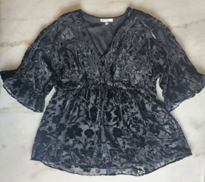 Danielle Rainn LG Velvet Burnout Black Floral Whimsigoth Flowy Peplum Blouse NWT - Picture 1 of 14