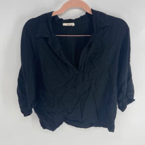 LA Made Women's Black Roll Tab 3/4 Sleeves Collared V-Neck Top Size S - Picture 1 of 6