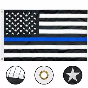 Bandiera americana linea blu 3x5 piedi ricamata polizia blu vive materia resistente - Foto 1 di 7