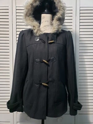 New Look Wool Coat Women's XL Gray Hooded Faux Fur Button-Front Wood Buttons - Image 1 of 4