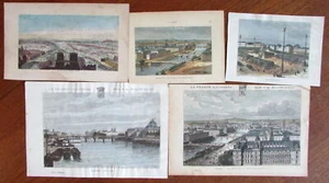 Paris France c.1850-1875 birds-eye views old prints lot x 5 hand colored panoram - Picture 1 of 4