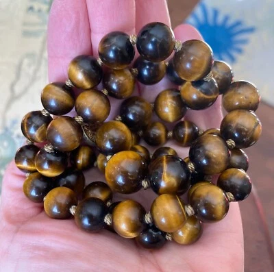 Antiguo Collar Chino Ojo de Tigre Anudado a Mano Gran Cuentas Talladas Hilo  Foto 1 de 4