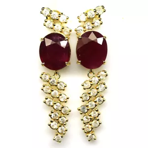 925 Sterling Silver 9 x 12 mm. Red Ruby & Zircon Earrings 18K Gold Plated - Picture 1 of 4