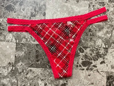 NWT VICTORIA'S SECRET PINK RED BLACK PLAID LACE DOUBLE STRAPPY THONG PANTIES - Image 1 of 3