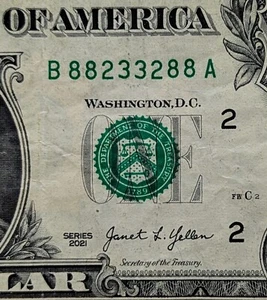 2021 $1 bill fancy serial, trinary pairs full radar palindrome note B 88233288 A - Picture 1 of 4