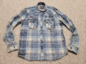Affliction Shirt Men XL Blue Plaid Button Up Grunge Biker Fade Distressed Rebels - Picture 1 of 20