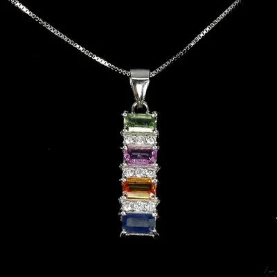 925 Sterling Silver Necklace Octagon Sapphire 5x3mm Gemstone Jewelry 18inches - Image 1 of 4