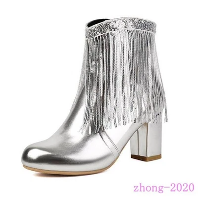 Женские кисточки бахрома блок каблуки молнии ботильоны повседневный вечеринки клуб этап обувь - Изображение 1 из 4