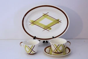 EDWIN M KNOWLES PLAID V-2214 USA Green Brown Coffee Cups, Saucer & Oval Platter - Picture 1 of 9