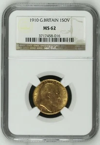 1910 Great Britain Gold 1 Sovereign NGC MS 62 BU UNC LOTS OF LUSTER - Picture 1 of 2