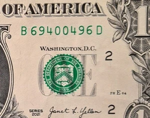 Fancy Serial Number $1 Bill Series 2021 ~69400496~ ((Full Radar)) - Picture 1 of 3