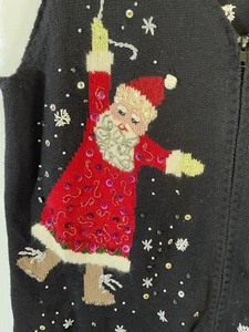 Susan Bristol Christmas Sweater Vest Womans Sz XL Santa Snowflakes Beaded Black - Picture 1 of 7