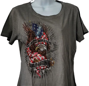 HARLEY DAVIDSON SS Shirt Gray Dyed Foil Eagle Patriotic Flag Chest 39in Womens M - Picture 1 of 10