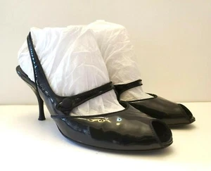 AUTHENTIC PRADA PEEP TOE TOE SLING BACK PATENT LEATHER HIGH HEEL SHOE WOMENS S38 - Picture 1 of 12