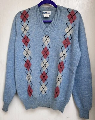 Vintage Etonic Light Blue 100% Shetland Wool Argyle V-Neck Sweater - Image 1 of 4