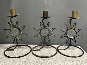 3 Vintage Glass Brass Metal Celestial Sun Taper 7.25” Candle Holders MCM VGC - Picture 1 of 5