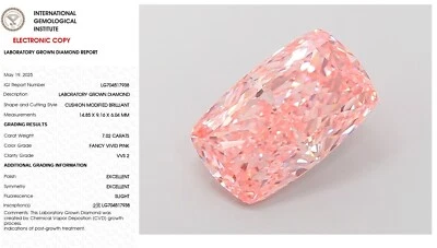 7.02 Cushion Lab Grown Diamond For Engagement Ring IGI Fancy Vivid Pink VVS2 - Image 1 of 4