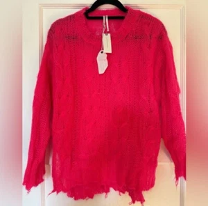 ANTHROPOLOGIE The Posey Stitchy Distressed Sweater Neon Pink oversized XS - Picture 1 of 6