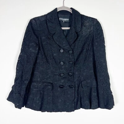 Dolce And Gabbana Allover Floral Flower Lace Double Breasted Blazer Jacket Black - Image 1 of 4
