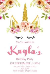 PERSONALISED UNICORN BIRTHDAY PARTY INVITATIONS CHILDRENS GIRLS CARD INVITES UN1 - Picture 1 of 3