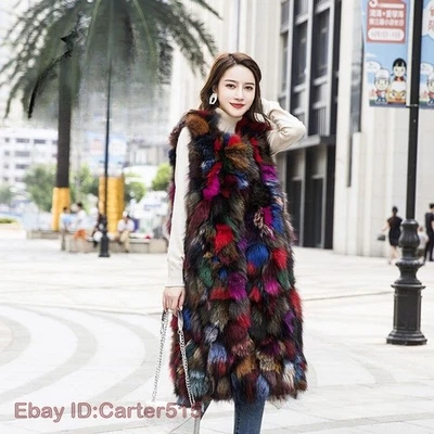 Real Natural Fur Vest Women Long Fashion Multi-color Colorful Warm Gilet Coats - Image 1 of 4