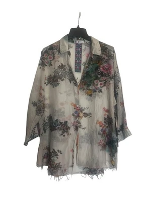 Camisa 3J Workshop Johnny Was XL Top Floral Semi Transparente Borde Terciopelo Mezcla de Seda Foto 1 de 4