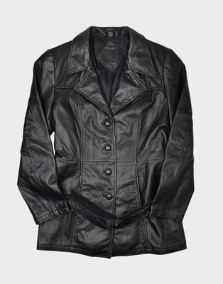 Jacqueline Ferrar Jacket Womens Medium Black Leather Blazer Belted Car Coat - Image 1 of 4
