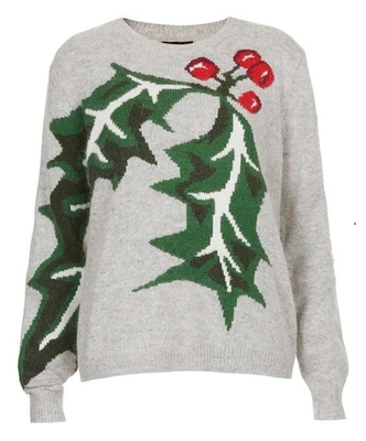 Suéter Jersey holgado tejido Navidad Berry gris verde acebo TOPSHOP UK10 12 38 Foto 1 de 4