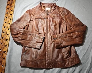 Neiman Marcus Exclusive Lamb Leather Jacket Womens Large Brown Biker Motorcycle - Picture 1 of 12