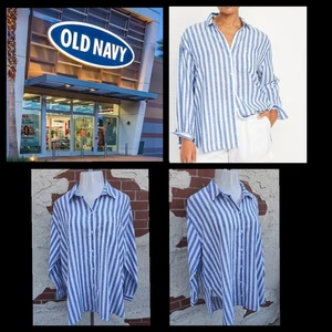 XL New Women OLD NAVY blue white stripe long sleeve button THE BOYFRIEND SHIRT - Picture 1 of 18