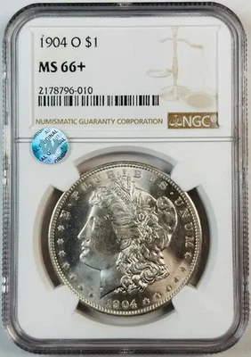 Dólar de plata O Morgan 1904 NGC MS-66+ Plus Sight blanco Foto 1 de 3