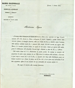 ANTICA LETTERA CIRCOLARE DIRETTA AGLI INVESTITORI  BANCA NAZIONALE 1872 - Imagen 1 de 2