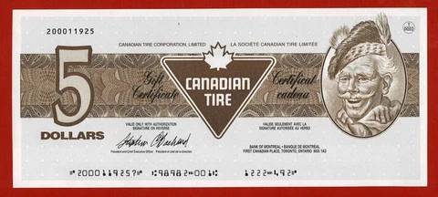 Canadian Tire $5 Gift Certificate Mint Unused 1993 Bachand signature, with cover Cover