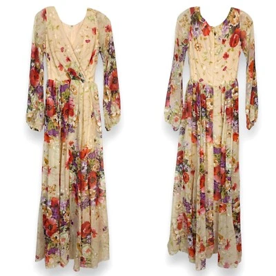 Maxi Vestido Jack Bryan XS Vintage Años 70 Estampado Floral Gasa Fiesta Verano Cóctel Foto 1 de 4