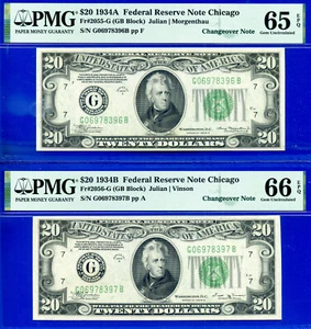 1934A 1934B Changeover $20 Federal Reserve Note PMG 66EPQ Fr 2055-G Fr 2056-G - Picture 1 of 4