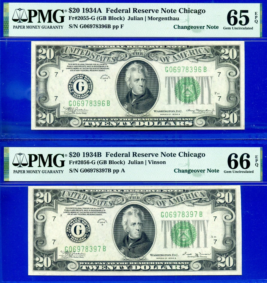 1934A 1934B Changeover $20 Federal Reserve Note PMG 66EPQ Fr 2055-G Fr 2056-G - Image 1 of 4
