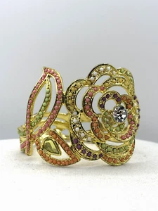 Multi Color Pastel Bead Rose Flower Leaf Yellow Gold Tone Hinged Cuff Bracelet - Picture 1 of 20
