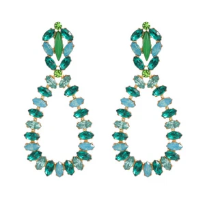 Green Rhinestone Oval Hollow Teardrop Stud Earrings - Picture 1 of 3