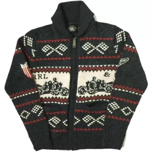 RRL Car Motif Cotton Wool Zip Cardigan S Black Double RL Shawl collar knit tops - Picture 1 of 10