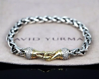 David Yurman 18K Yellow Gold Silver Pave Diamond 6mm Wheat Chain 7.5" Bracelet - Image 1 of 4