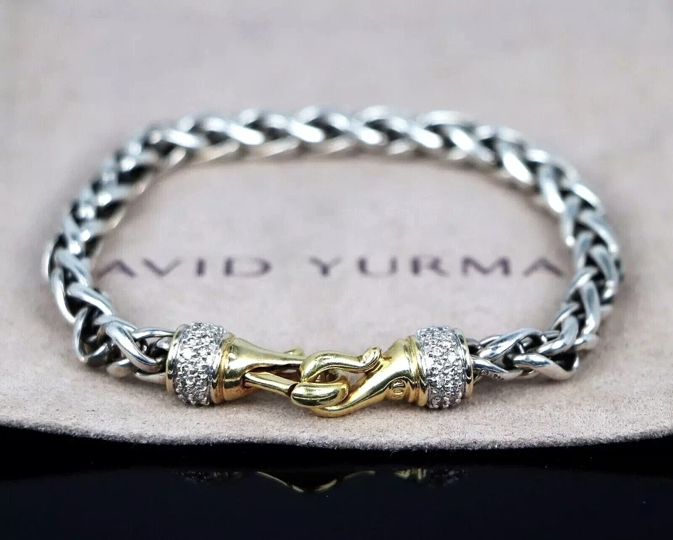 Brazalete David Yurman Oro Amarillo 18K Plata Pavé Diamante 6mm Cadena Trigo 7.5" Foto 1 de 1